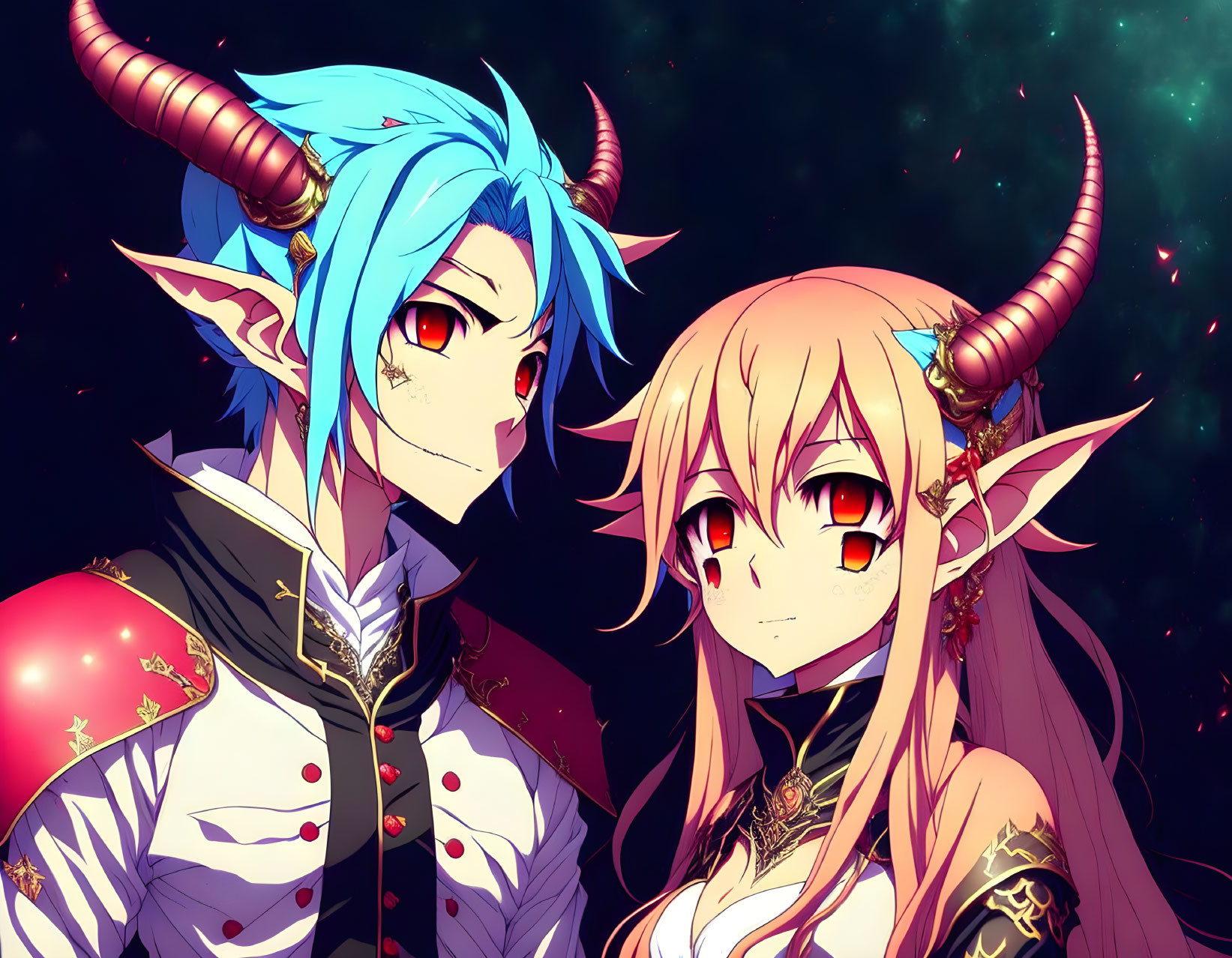 Anime-style characters with horns and pointed ears in blue and pink hair on starry background