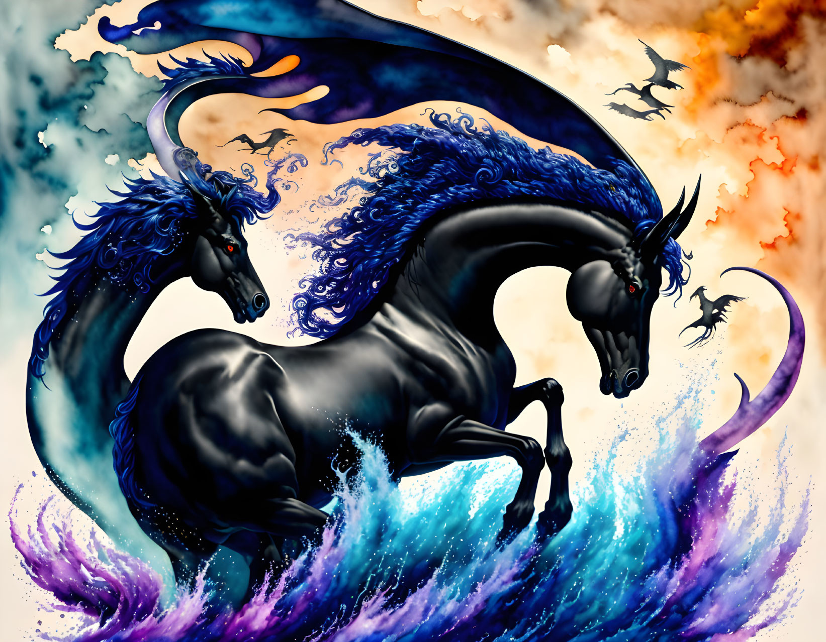 Black Horse with Blue Flames Mane and Dragons in Vibrant Scene