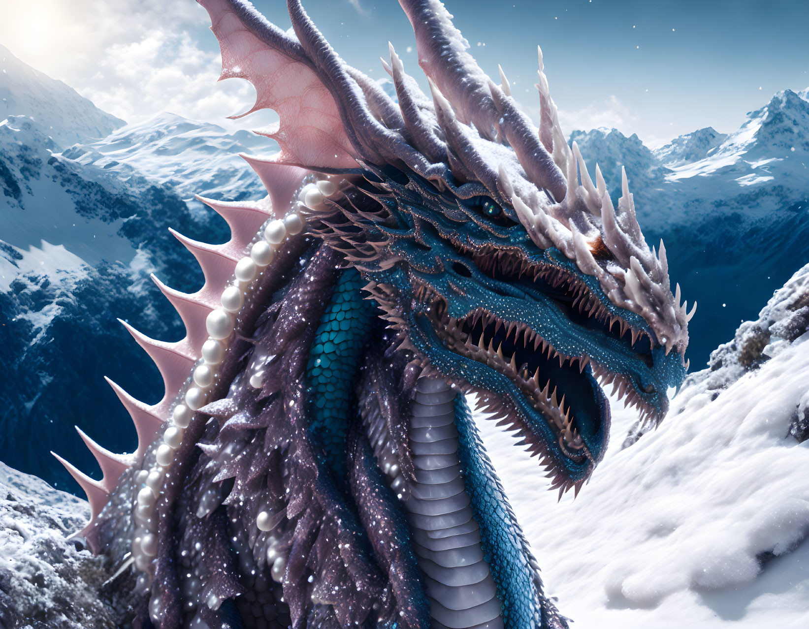 Majestic dragon with blue and purple scales in snowy mountain landscape