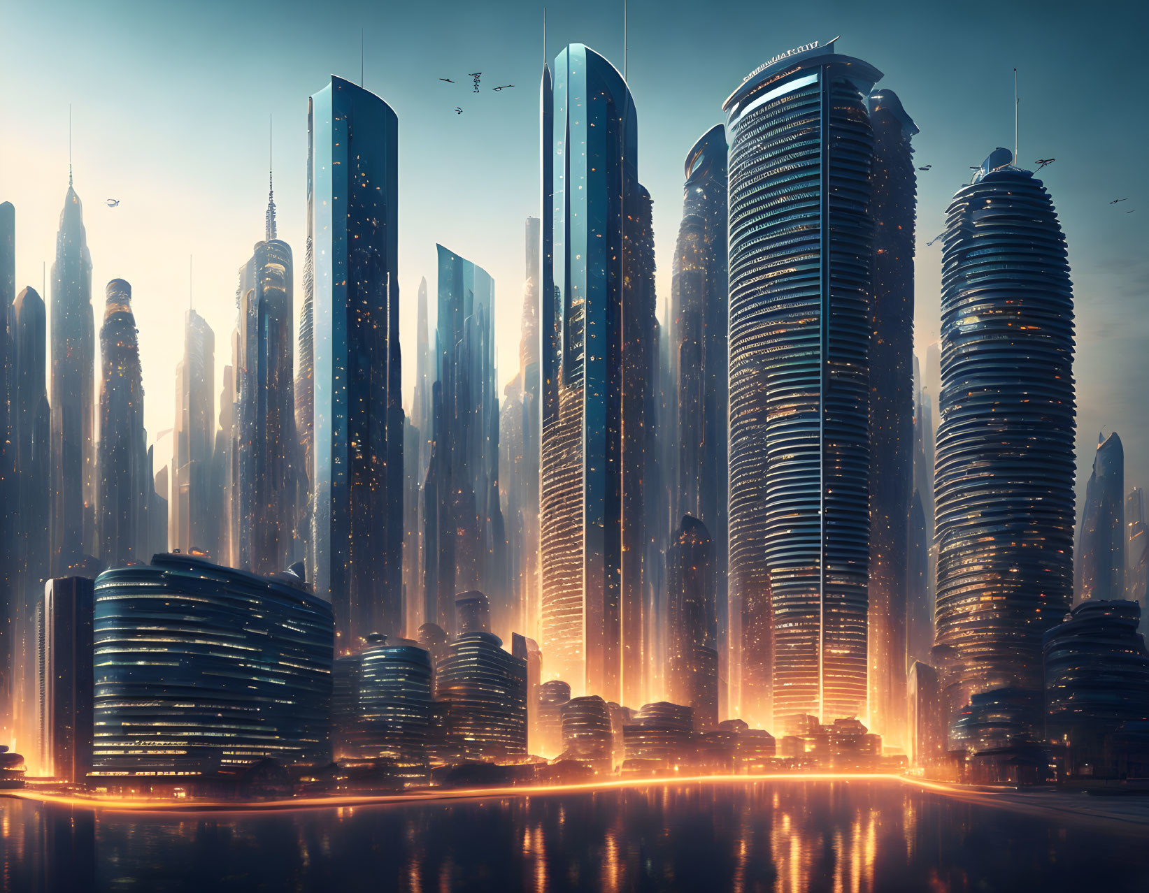 Futuristic cityscape with towering skyscrapers and flying vehicles in orange light