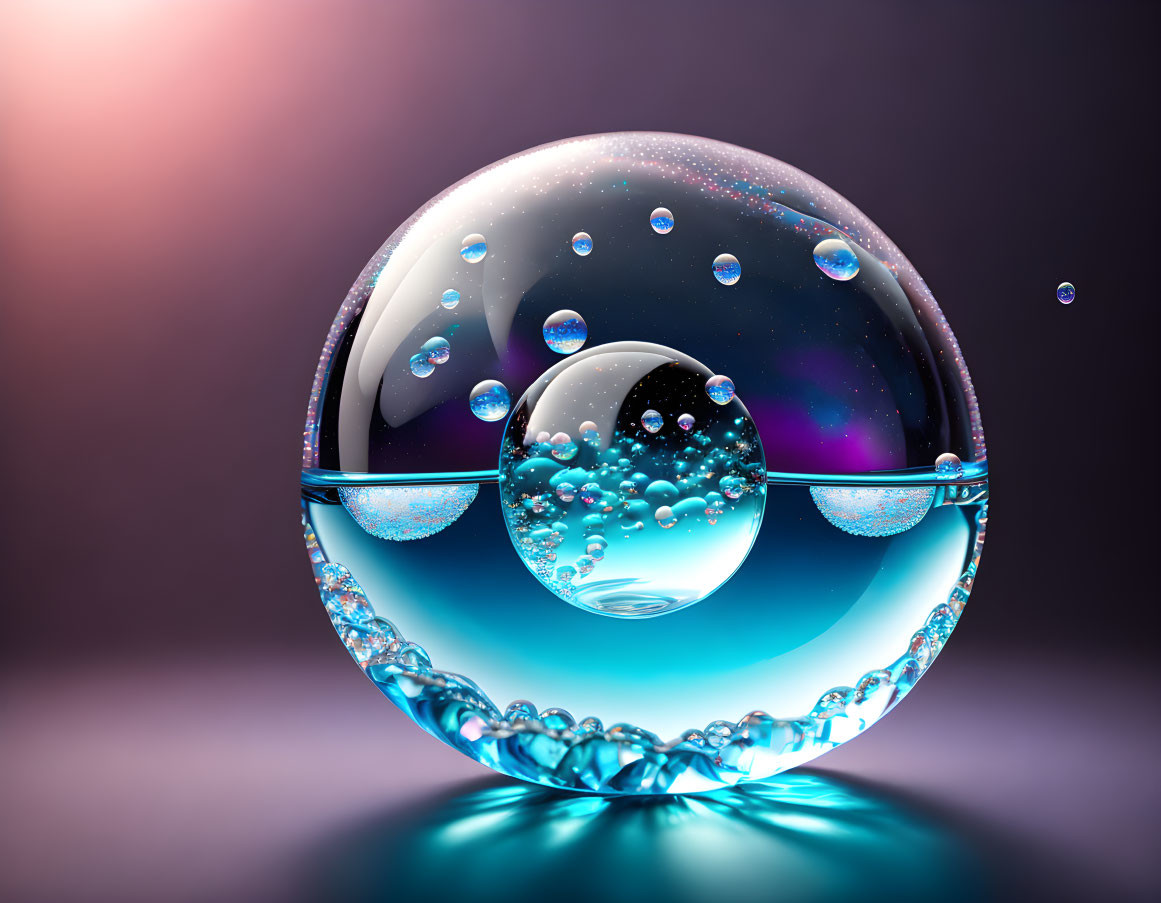 Transparent bubble with smaller bubbles on surface, purple backdrop