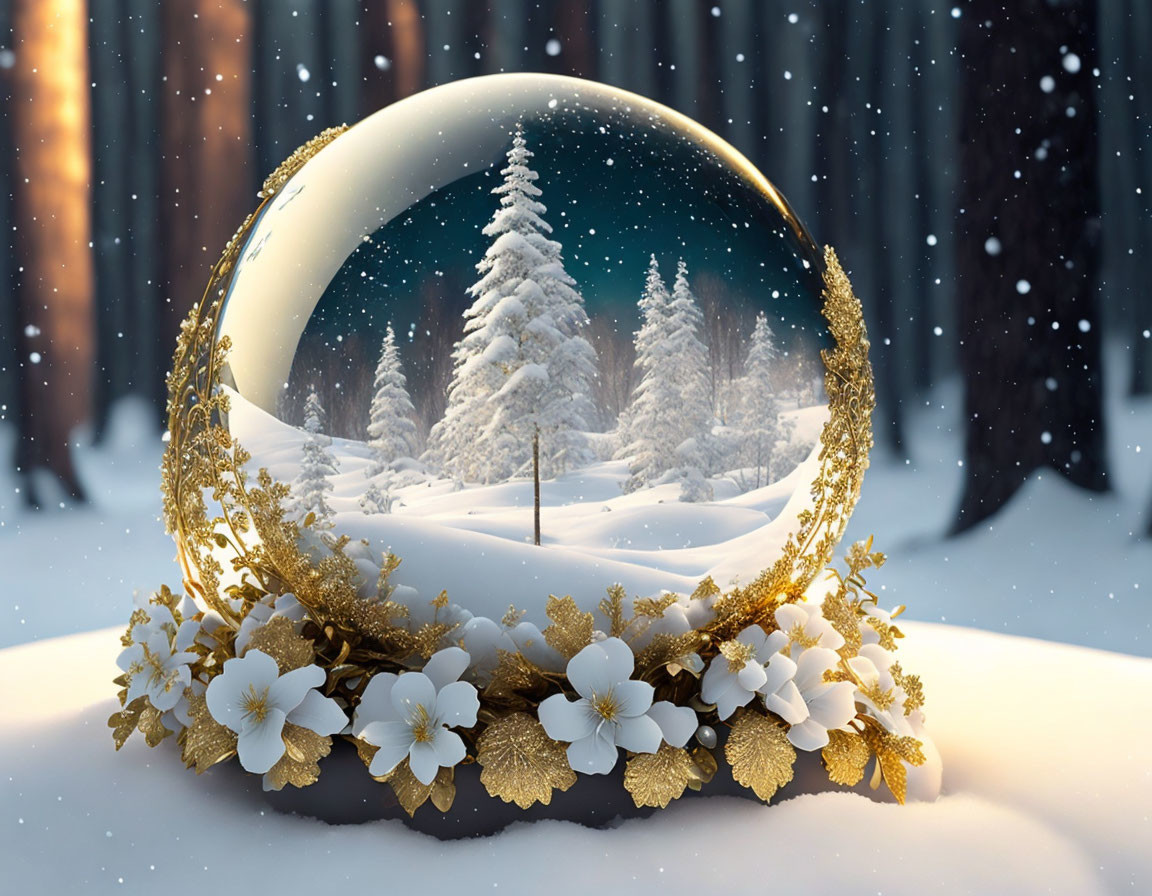 Snow Globe Winter Forest Scene with Golden Decorations and White Flowers