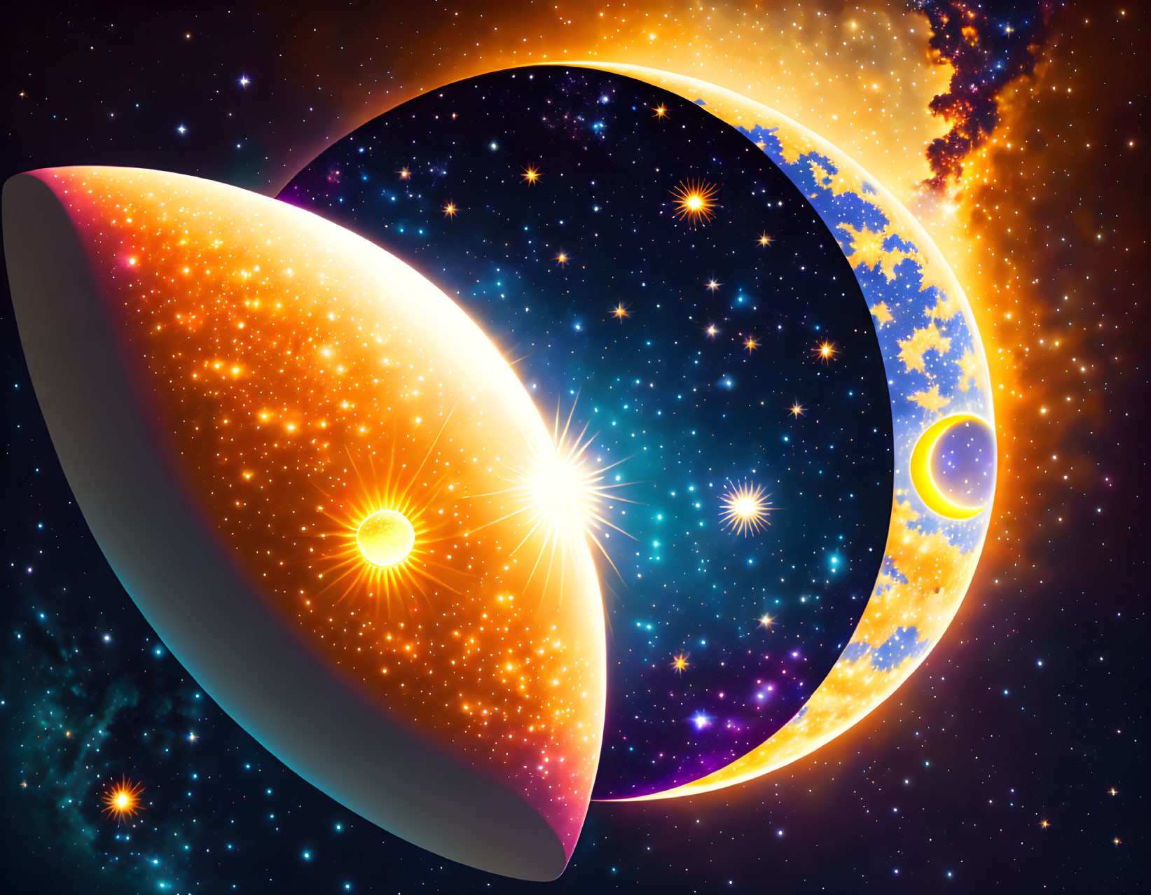 Colorful cosmic digital artwork with crescent moon and star-filled skies