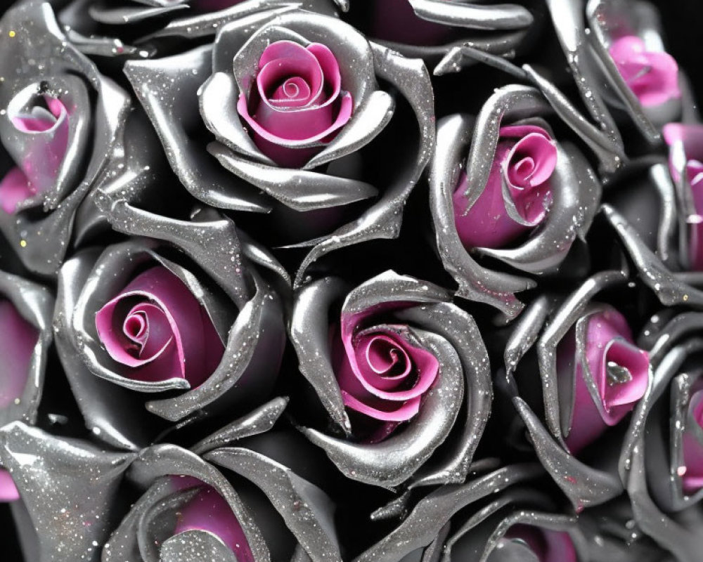 Pink and Gray Glittery Artificial Rose Cluster for Romantic Floral Arrangement
