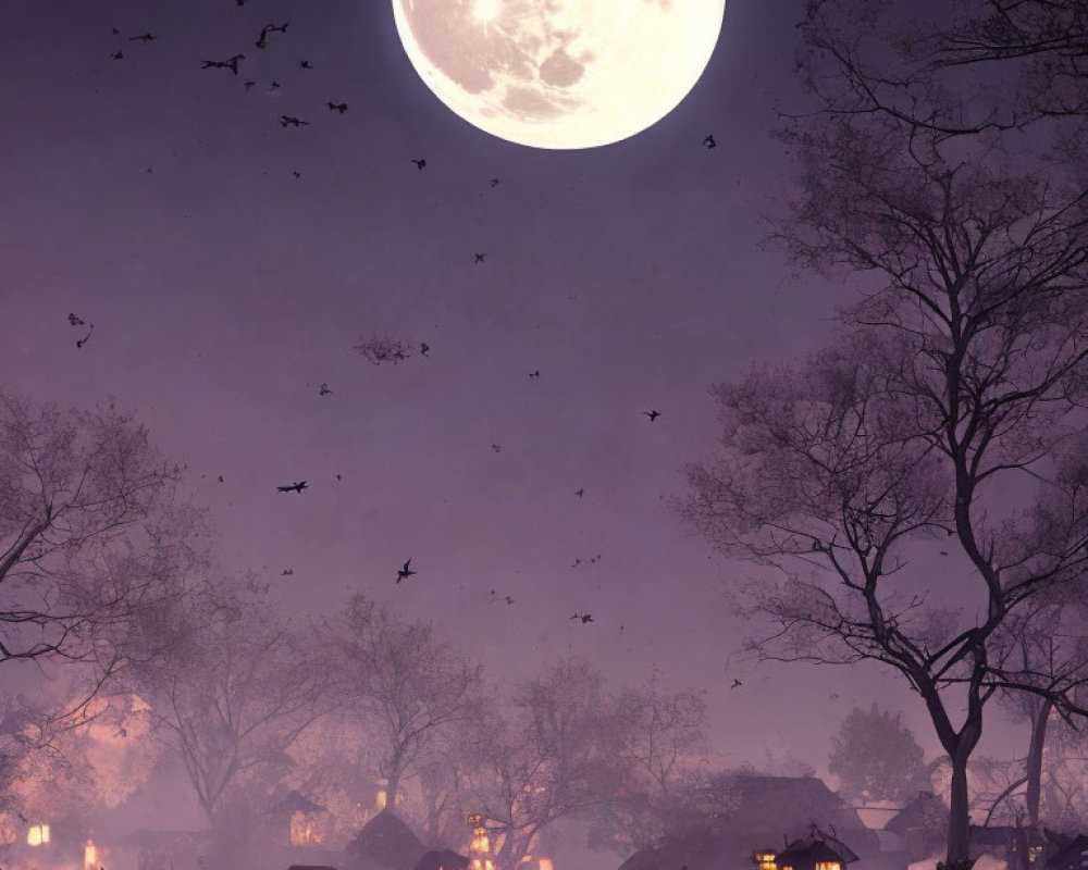 Nighttime village scene with full moon, lit houses, flying birds, and silhouetted trees
