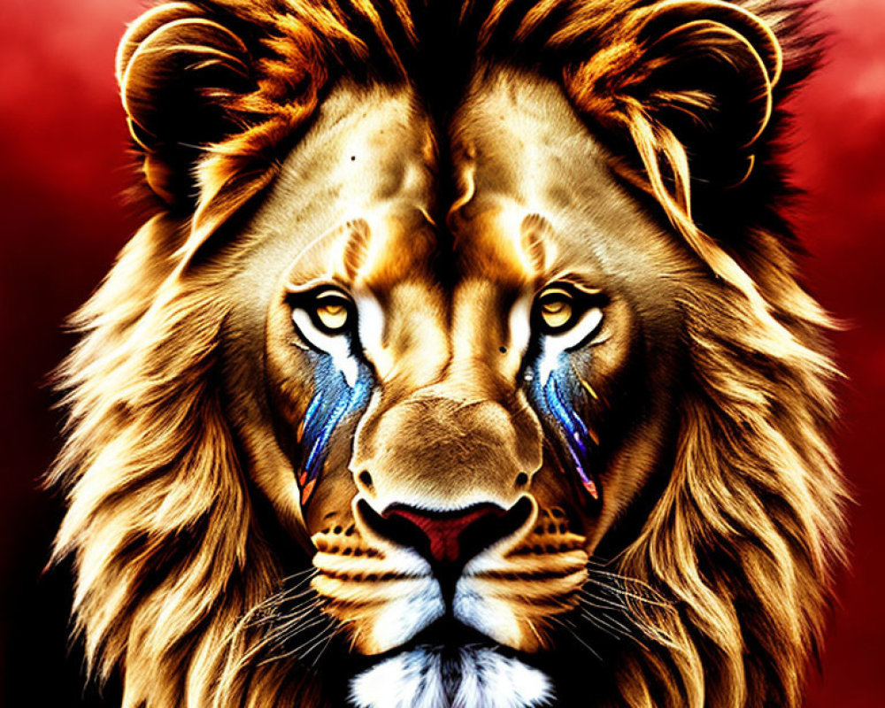 Vibrant digital illustration of majestic lion with orange and red mane and blue eye markings