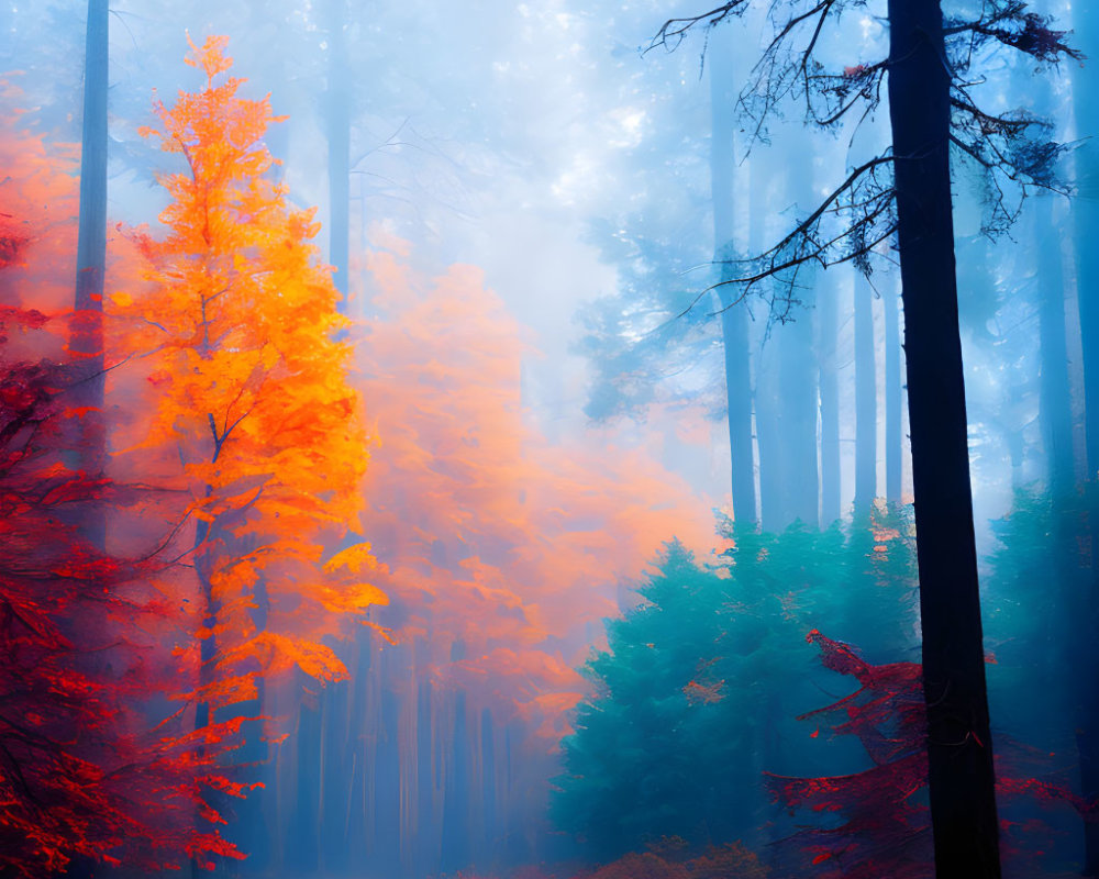 Misty Forest Path with Tall Trees and Autumn Colors