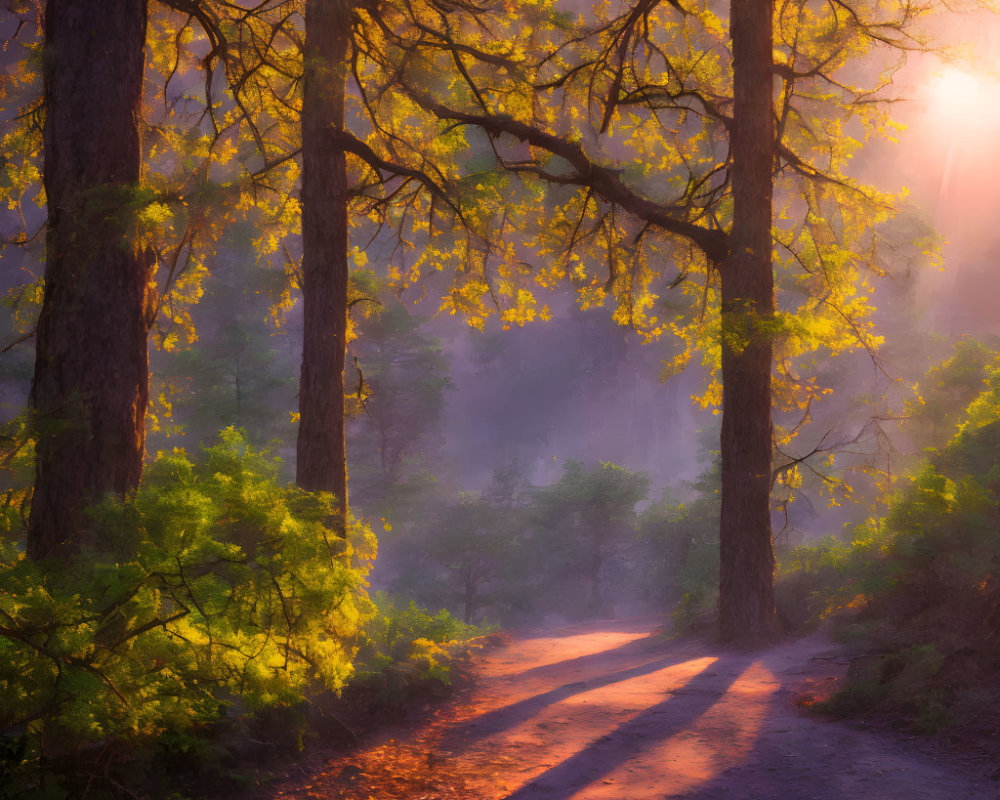 Sunlit Forest Path with Mist and Shadows Amidst Green and Golden Foliage