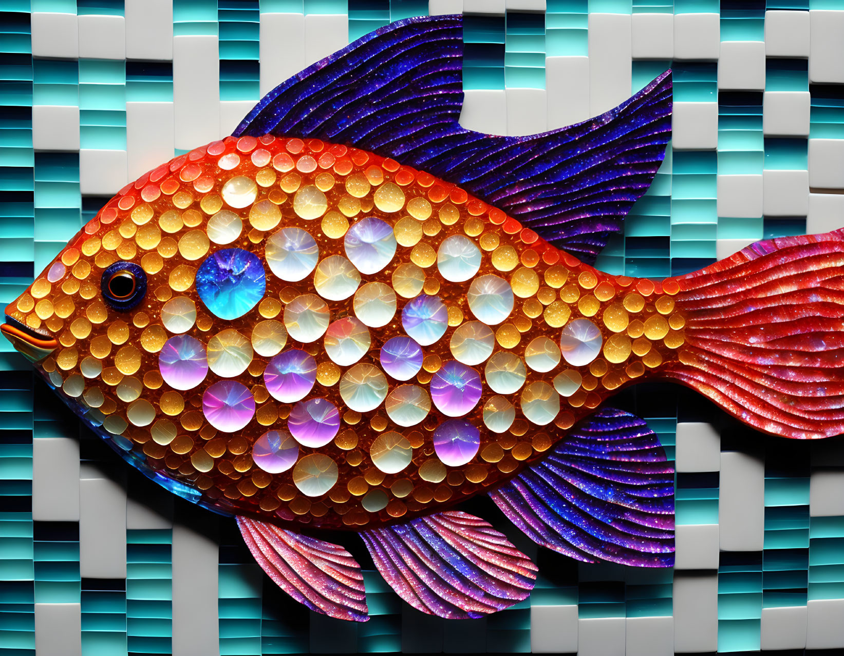 Vibrant Mosaic Fish Artwork with Iridescent Scales