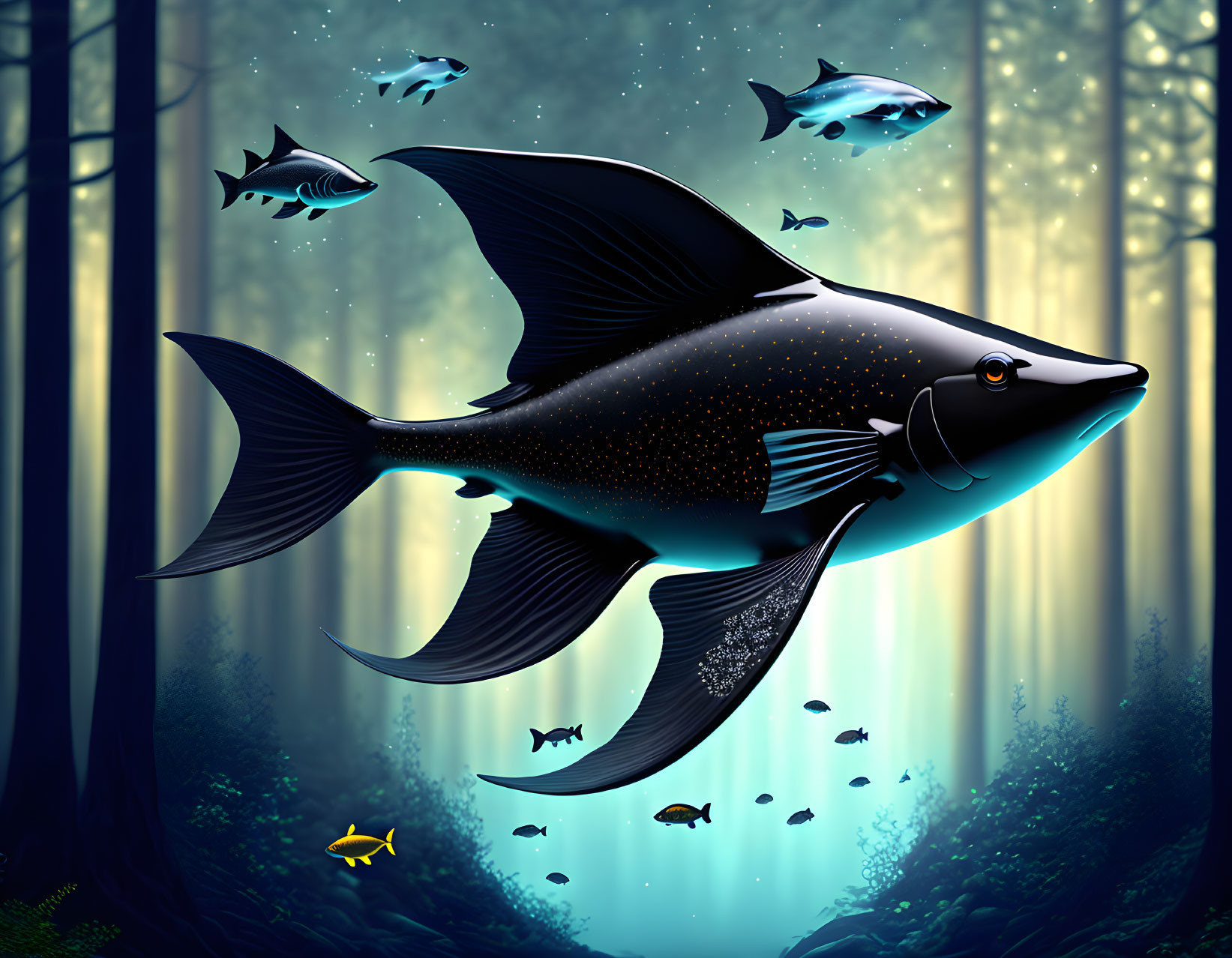 Giant Fish in Enchanting Underwater Forest with Small Fishes and Beams of Light
