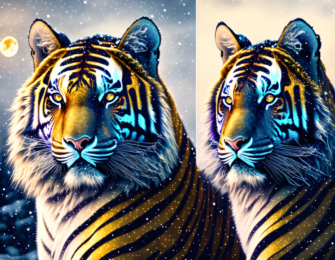 Digitally altered tiger with blue stripes in snowy moonlit scene