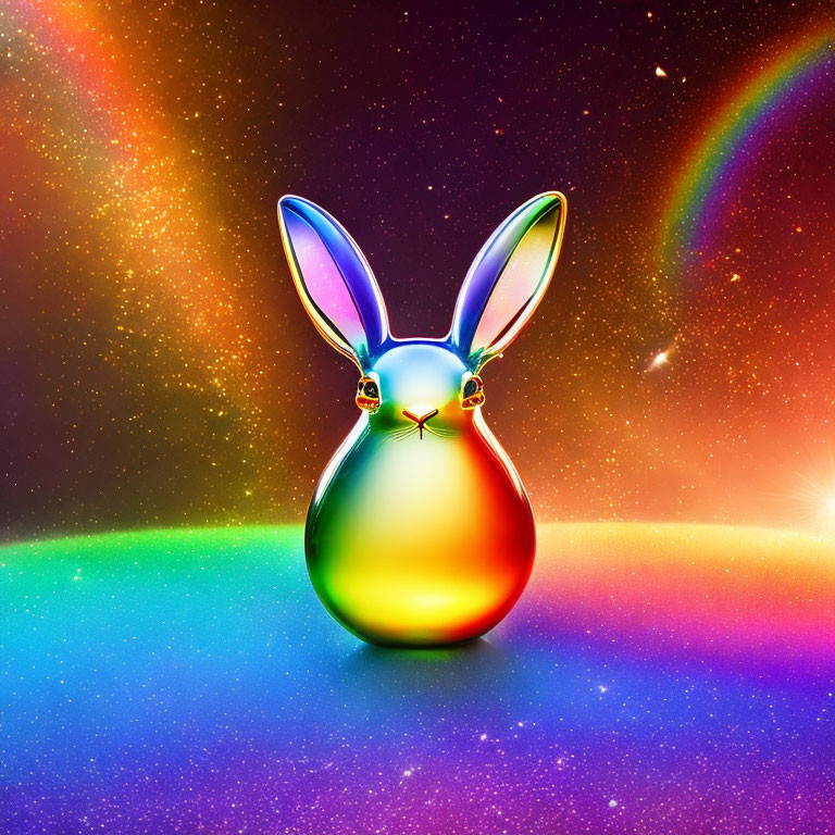 Colorful Glossy Rabbit Figurine with Rainbow Ears and Cosmic Background