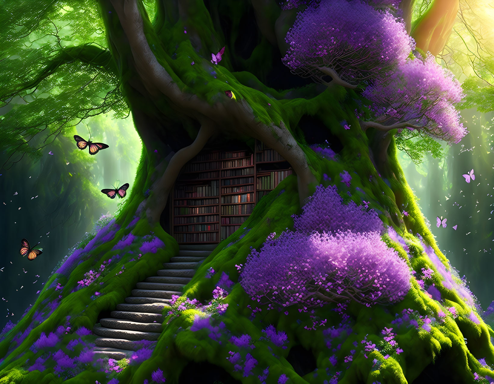 Mystical tree with purple foliage and bookshelf, butterflies under radiant light