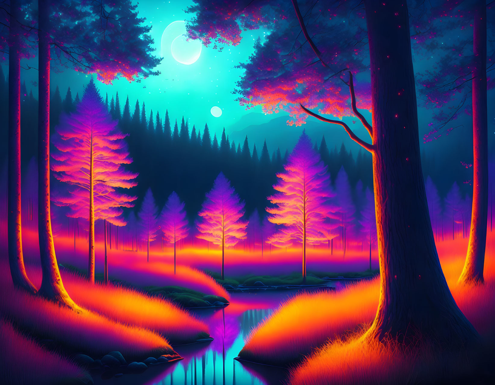 Fantastical forest scene at night with glowing trees and serene river