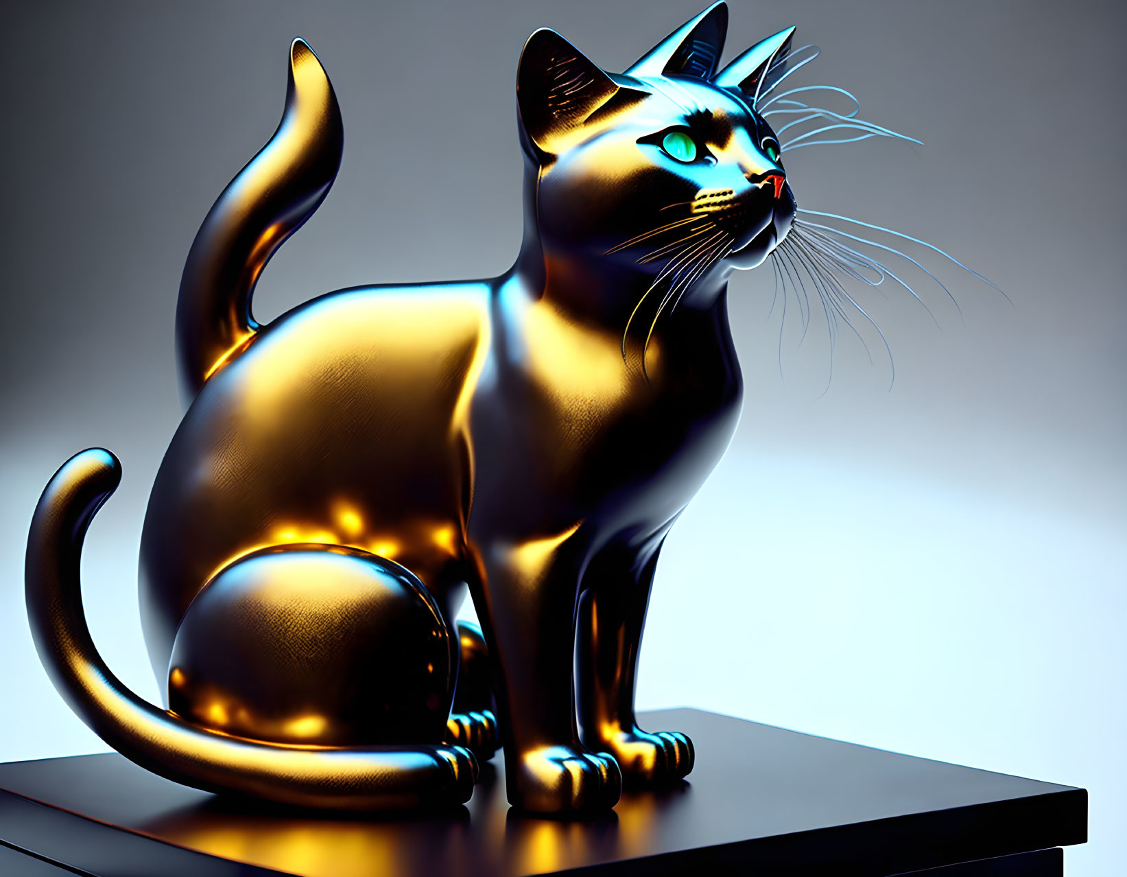 Shiny metallic cat sculpture with glowing blue eyes on dark background