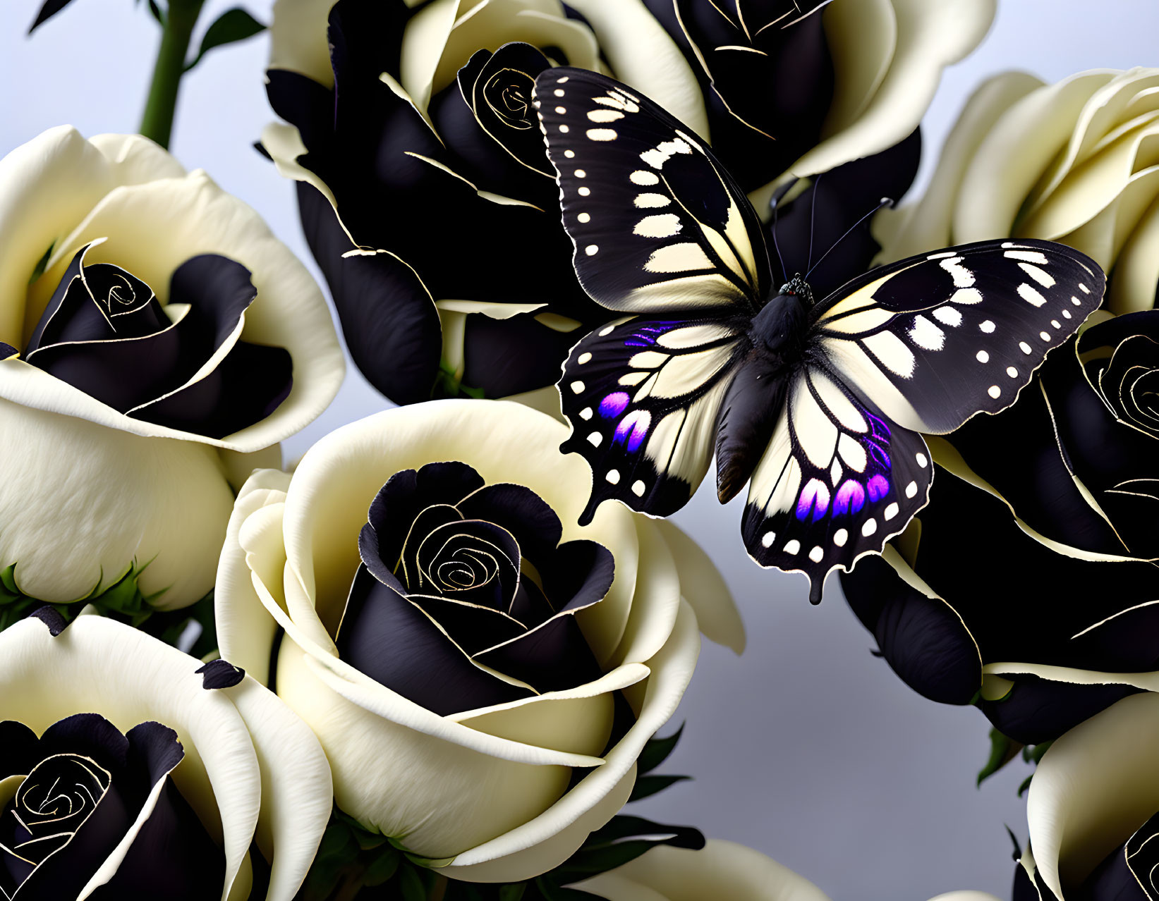 Black and White Butterfly with Purple Spots on White Roses