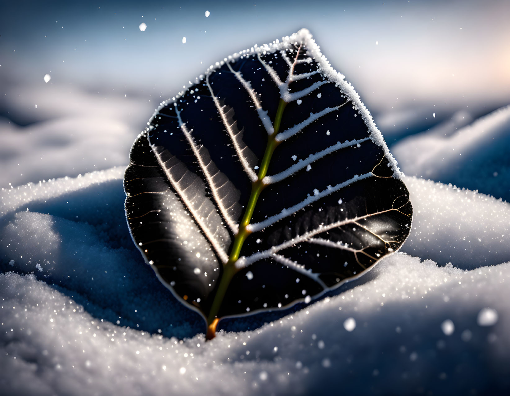 Frost-covered leaf in sparkling snow with icy veins against wintry background