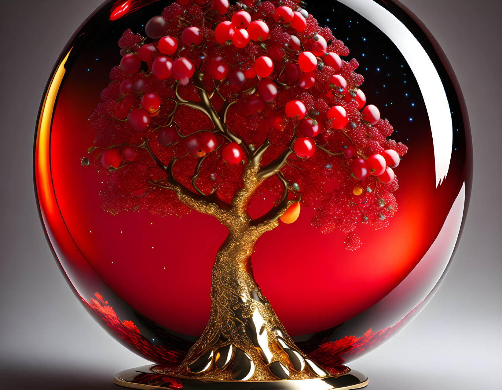 Digital artwork of red leaf tree in transparent orb on glossy surface