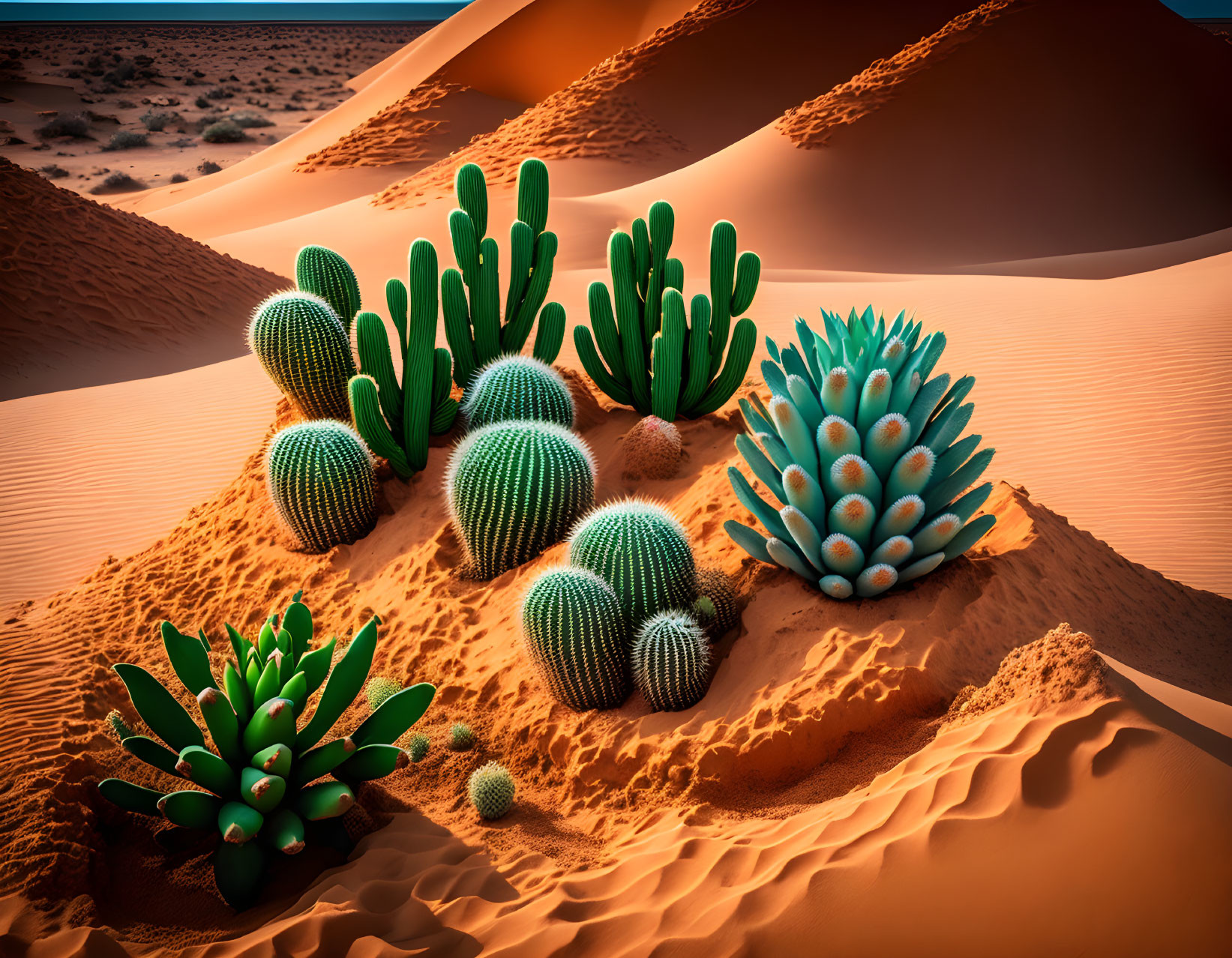 Various Shapes and Sizes of Cacti in Sandy Desert Landscape