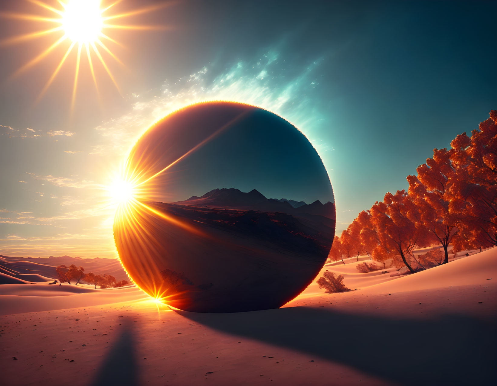 Sunlit desert landscape with glossy sphere reflecting scenery