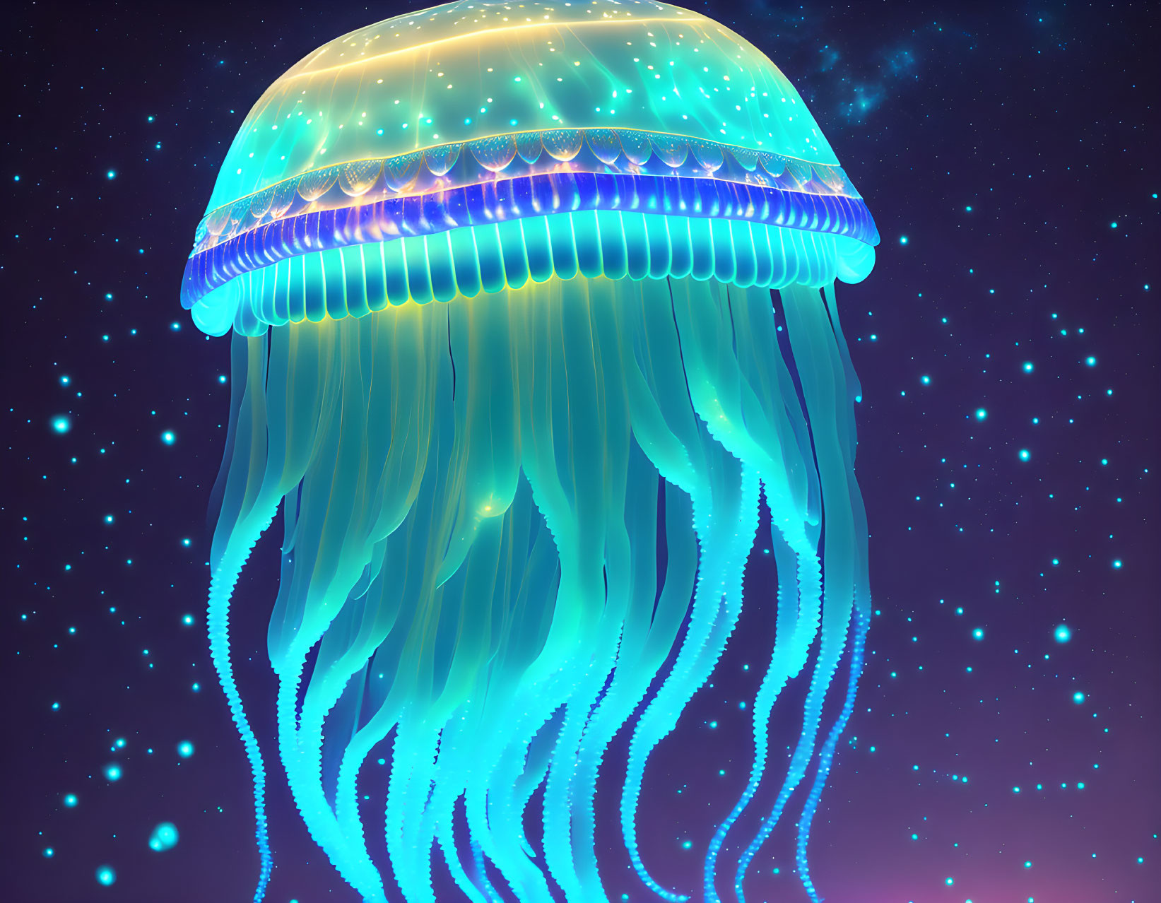 Luminous digital art jellyfish in blue and purple hues on starry night sky.