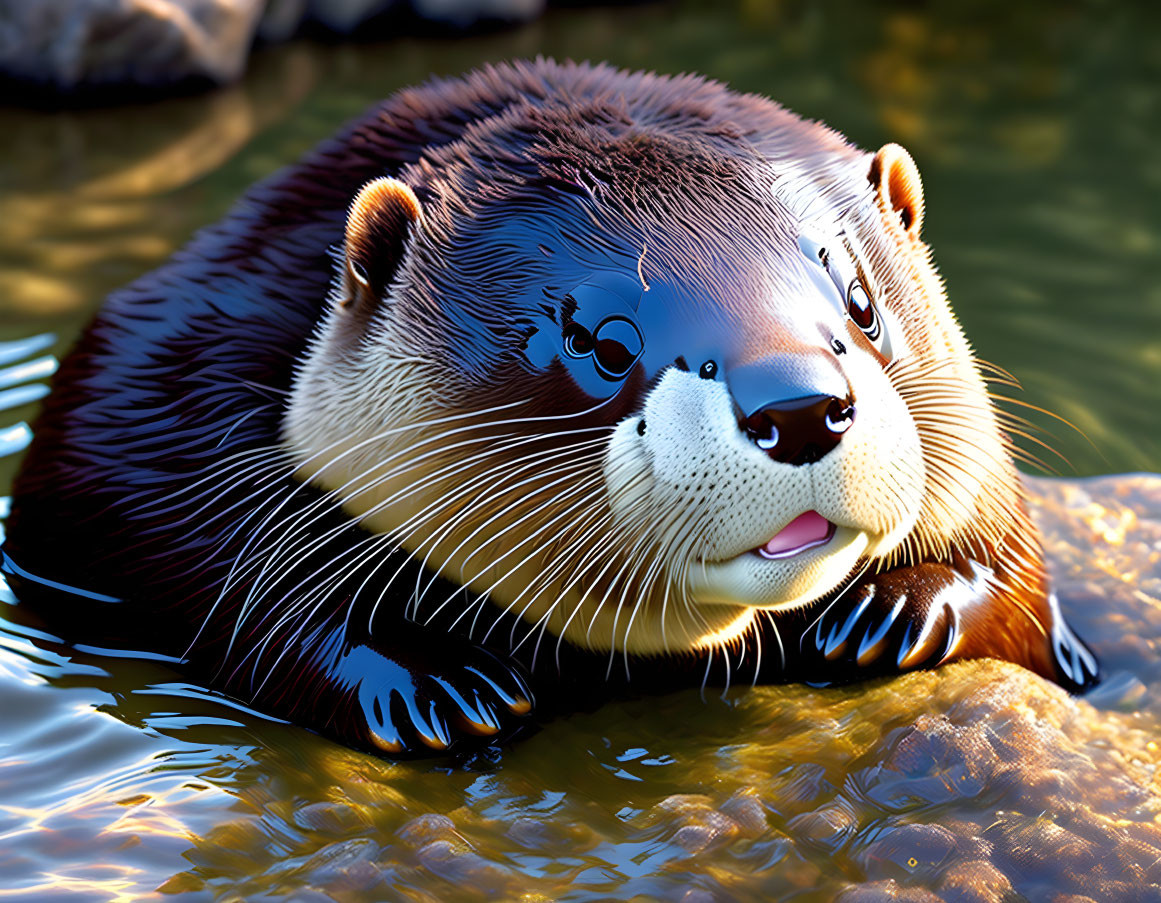 Colorful Cartoon Otter Resting on Rock in Water