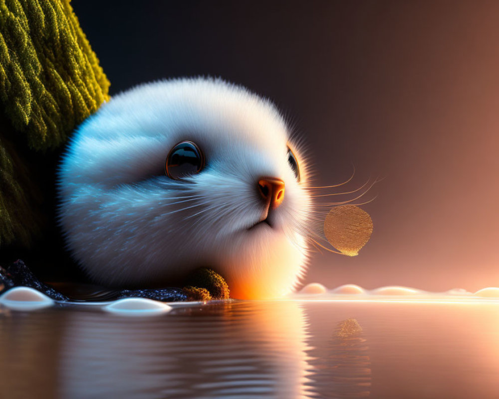 Whimsical image of seal with innocent eyes behind rocks in tranquil waters