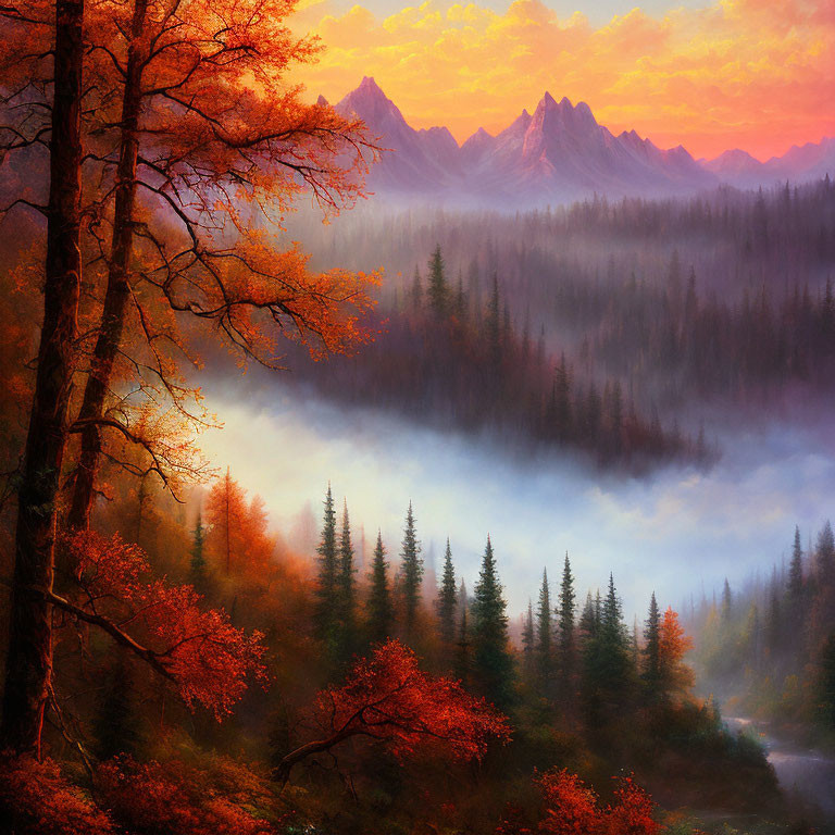 Misty Autumn Forest with Mountain Peaks at Sunrise or Sunset