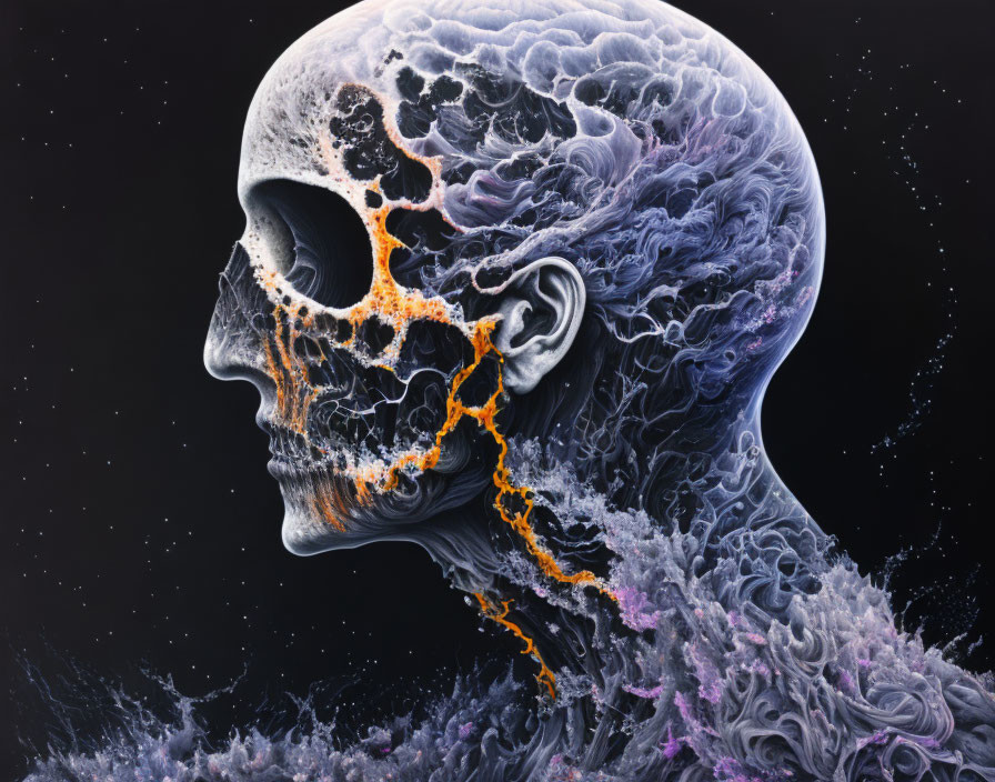 Human skull with cosmic nebula pattern: Mortality and universe theme