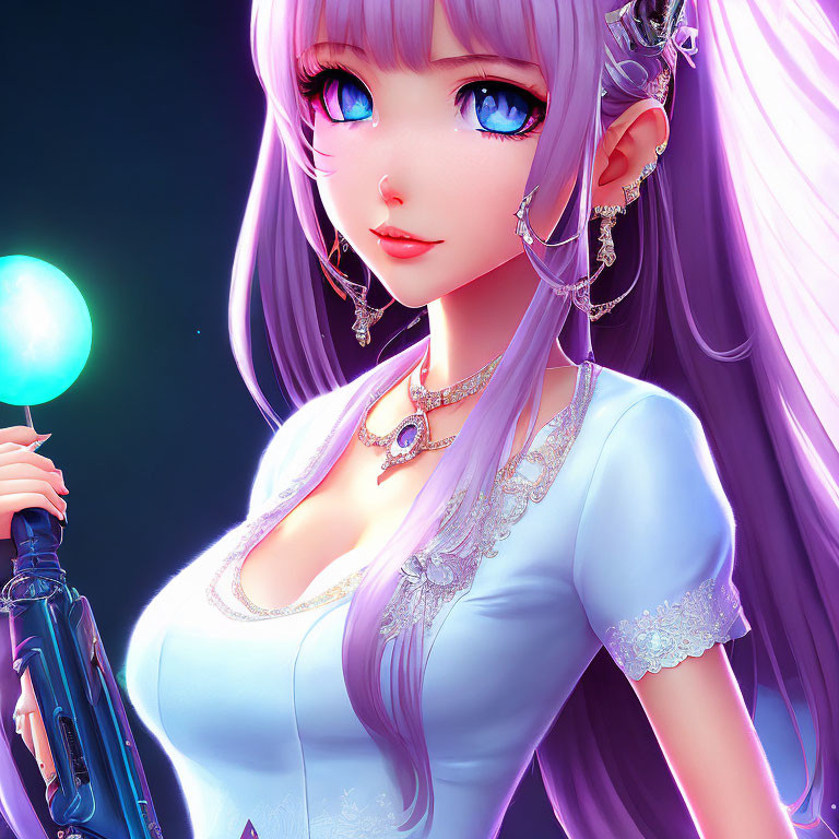 Fantasy-themed female character with purple hair and futuristic weapon