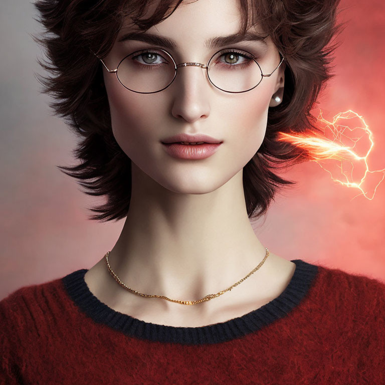 Short-haired woman in round glasses with lightning effect on pink background