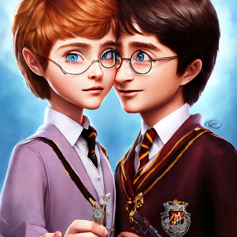 Two young wizards in school uniforms with glasses, set against a mystical blue backdrop