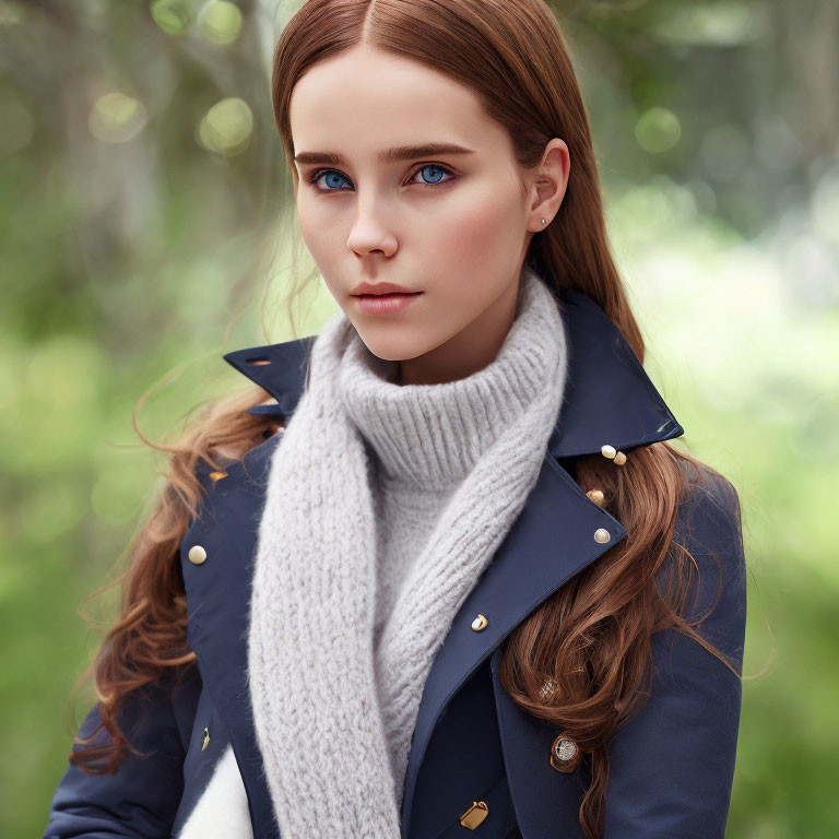 Woman with Blue Eyes in Gray Turtleneck and Navy Coat in Forest Setting