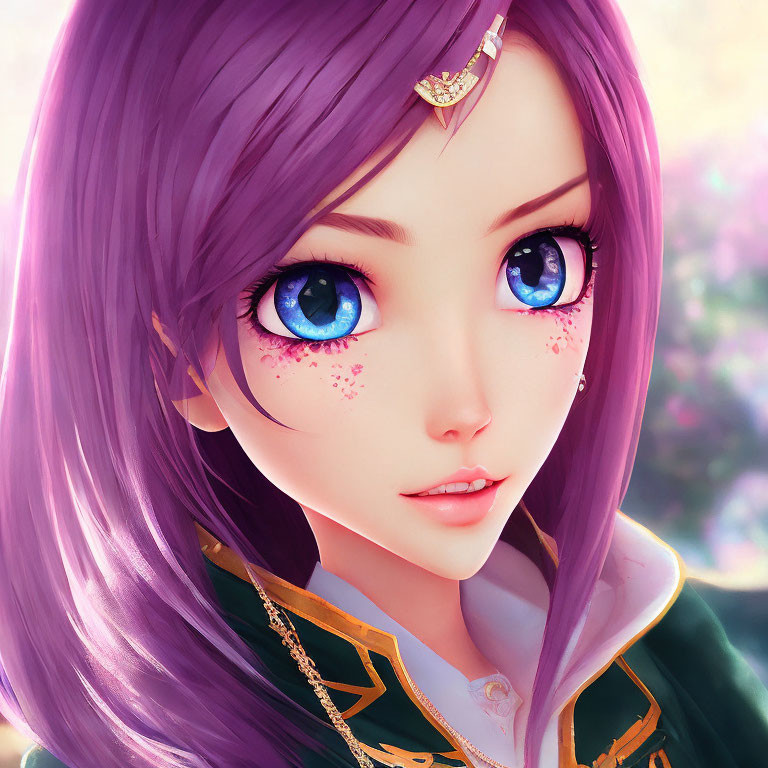 Animated female character with purple hair and freckles in green and gold outfit among pink blossoms