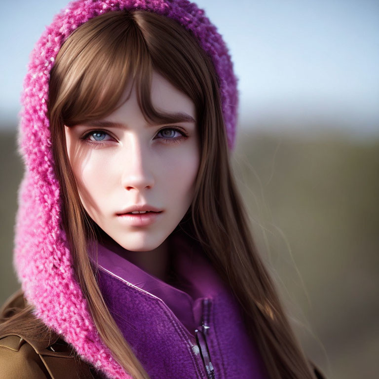 Digital artwork of woman with brown hair and blue eyes in pink hood and purple jacket, with blurred background