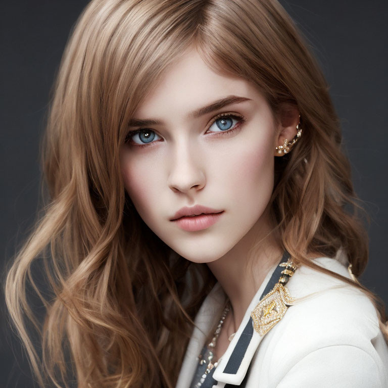 Portrait of Woman with Blue Eyes, Blonde Hair, Golden Earrings, and White Jacket