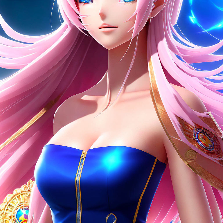 Stylized female character with pink hair and blue dress