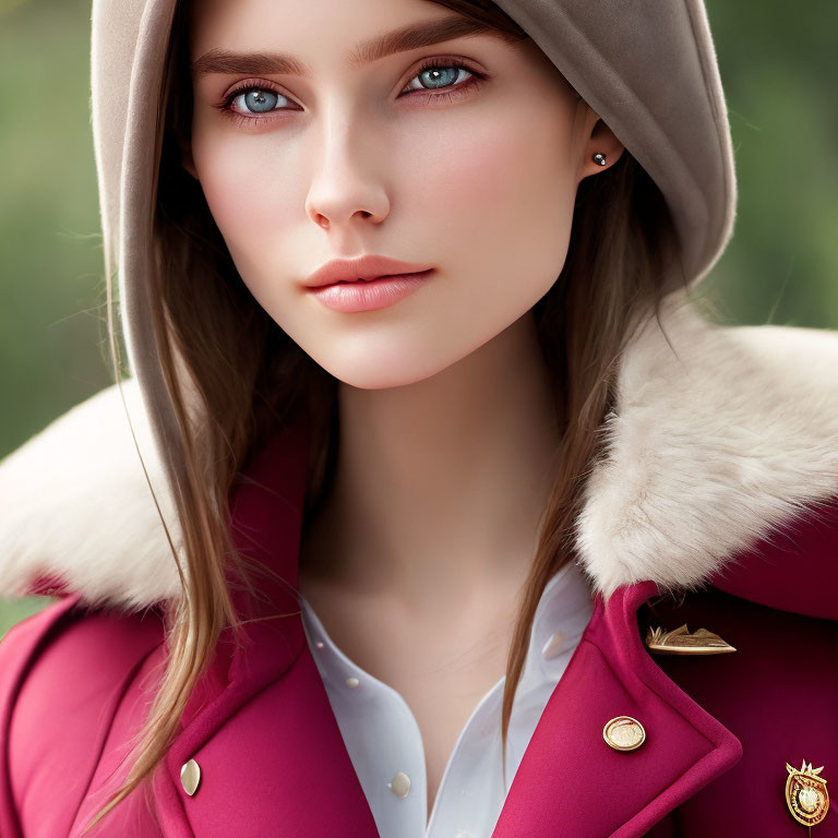 Young woman in beret with blue eyes, white blouse, and burgundy coat.