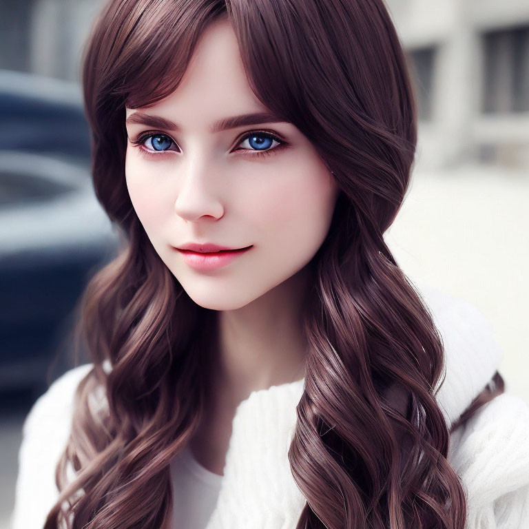 Digital artwork: Young woman with blue eyes, wavy brown hair, fair skin, white sweater