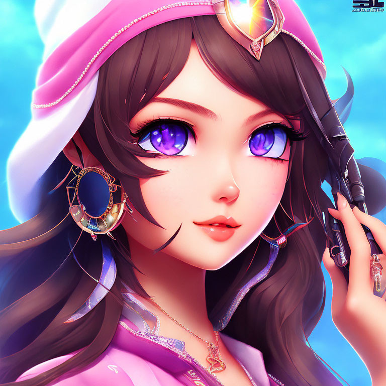 Animated character with purple eyes, pink hood, gold earrings, and headset