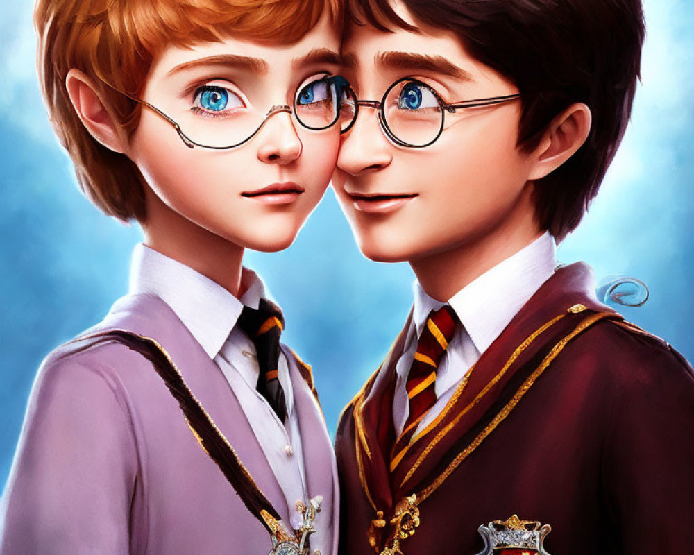 Two young wizards in school uniforms with glasses, set against a mystical blue backdrop
