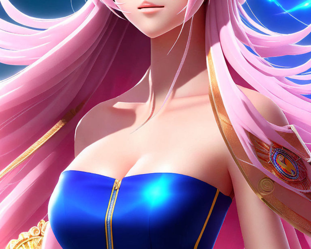 Stylized female character with pink hair and blue dress
