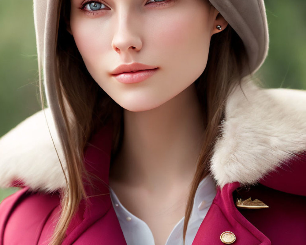 Young woman in beret with blue eyes, white blouse, and burgundy coat.