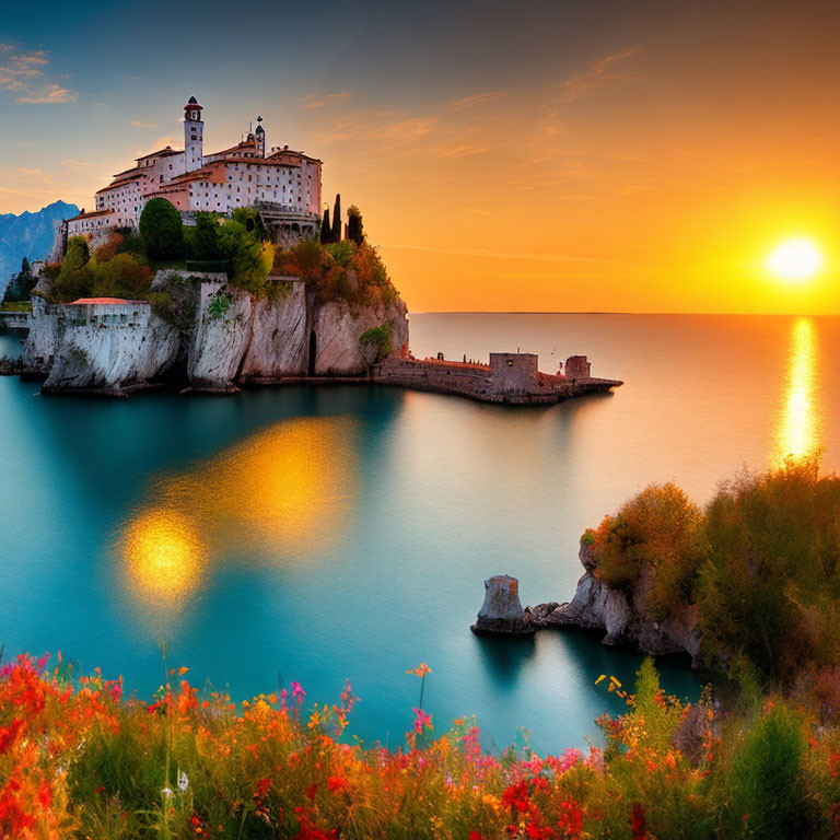 Cliffside castle at sunset with vibrant flowers and serene sea