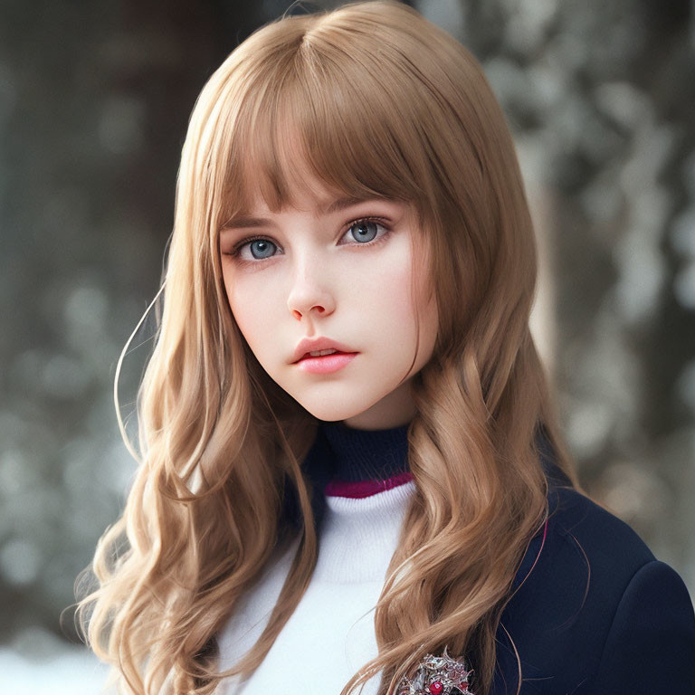 Digital artwork: Young girl with blue eyes, blonde hair, navy jacket, purple sweater