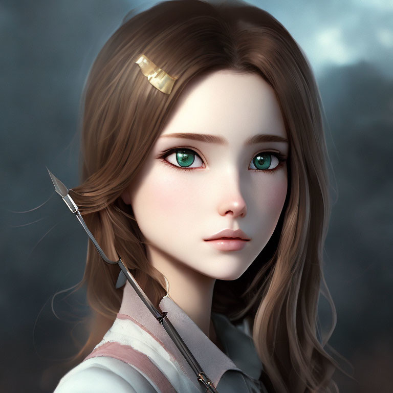 Digital art character with green eyes, brown hair, and paintbrush pose