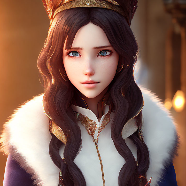 Digital artwork featuring young woman with blue eyes, wavy brown hair, golden crown, white fur outfit