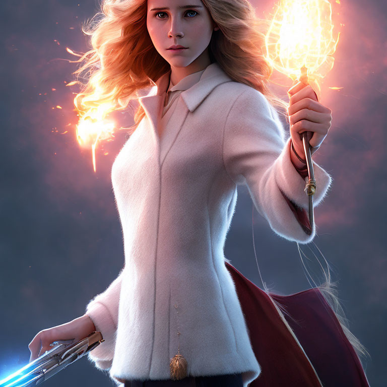 Digital artwork: Woman with flowing hair, fiery orb, and sword in mystical setting