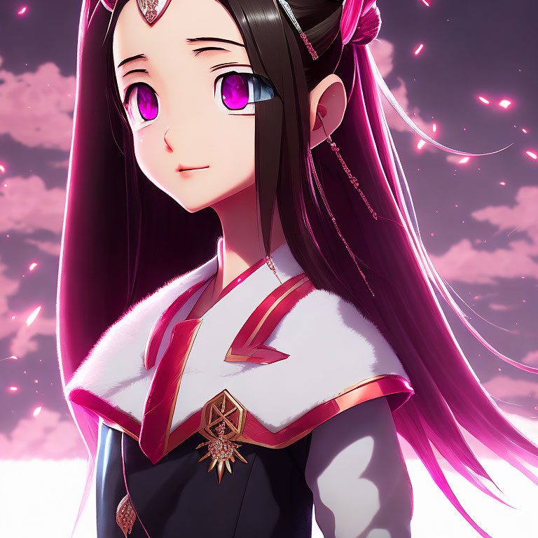 Anime girl with long dark hair and violet eyes in white and burgundy outfit against pinkish-purple sky