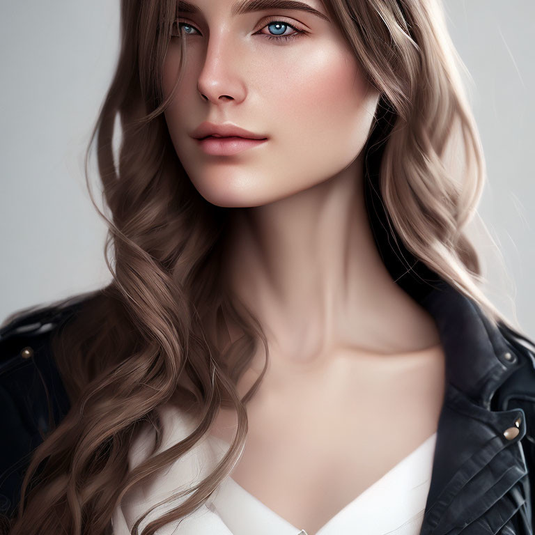 Portrait of woman with flowing wavy hair, subtle makeup, black jacket, and white top exuding